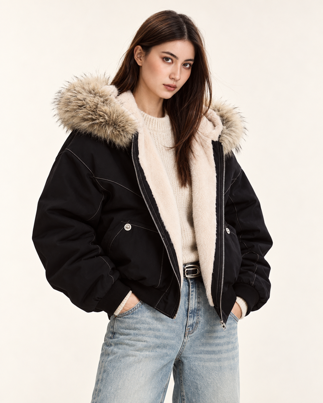 Fur-Trim Hooded Cropped Parka — black — Aurelle Row
