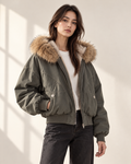 Fur-Trim Hooded Cropped Parka — grey — Aurelle Row