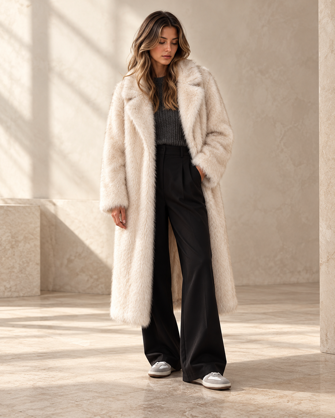 Long Gradient Cruelty-Free Fur Coat — beige — Aurelle Row