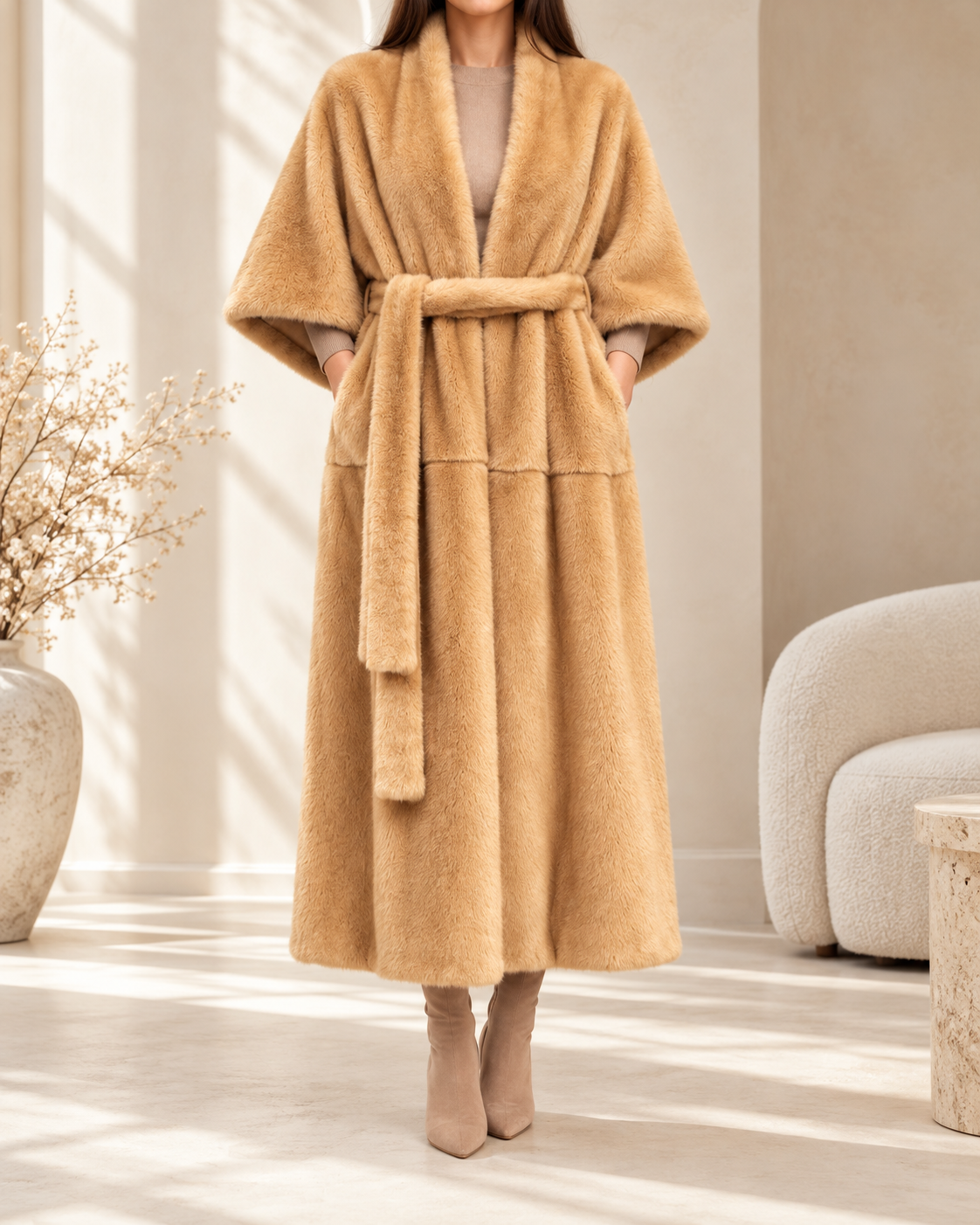 The Cruelty-Free Fur Shawl Maxi Coat — construction detail