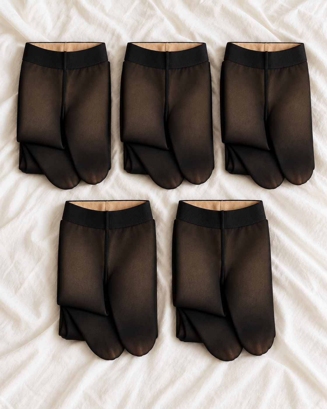Five pairs of Black fleece-lined sheer-look tights, folded separately