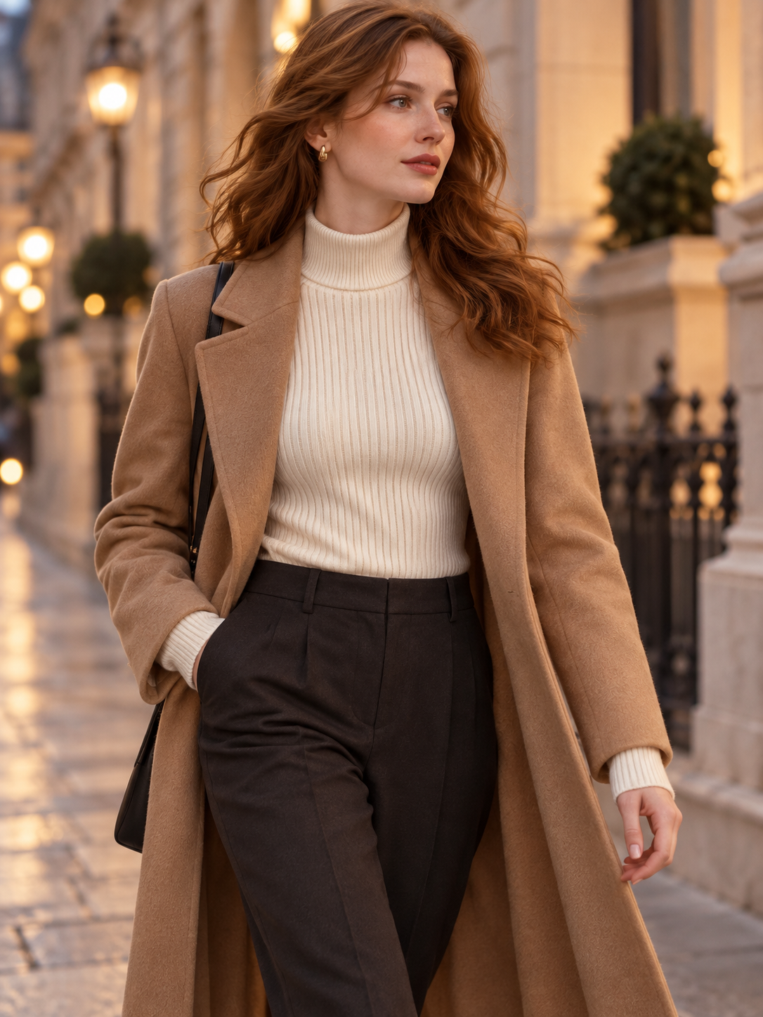 The Lined Knit Turtleneck — Layered beneath an open camel coat.