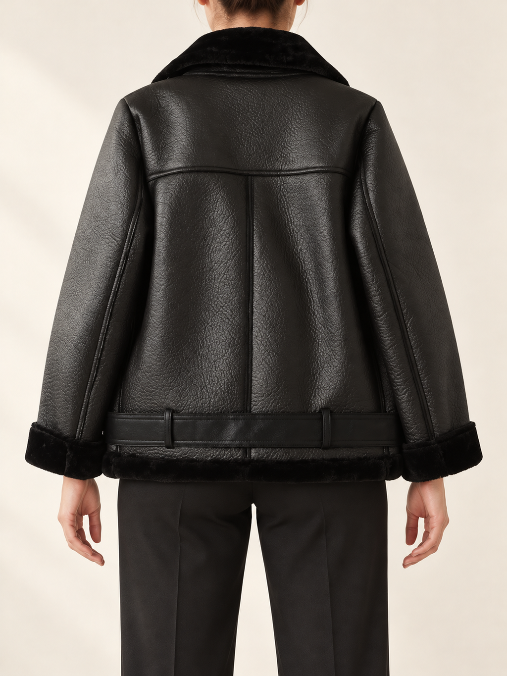 Black aviator jacket, back view on a model