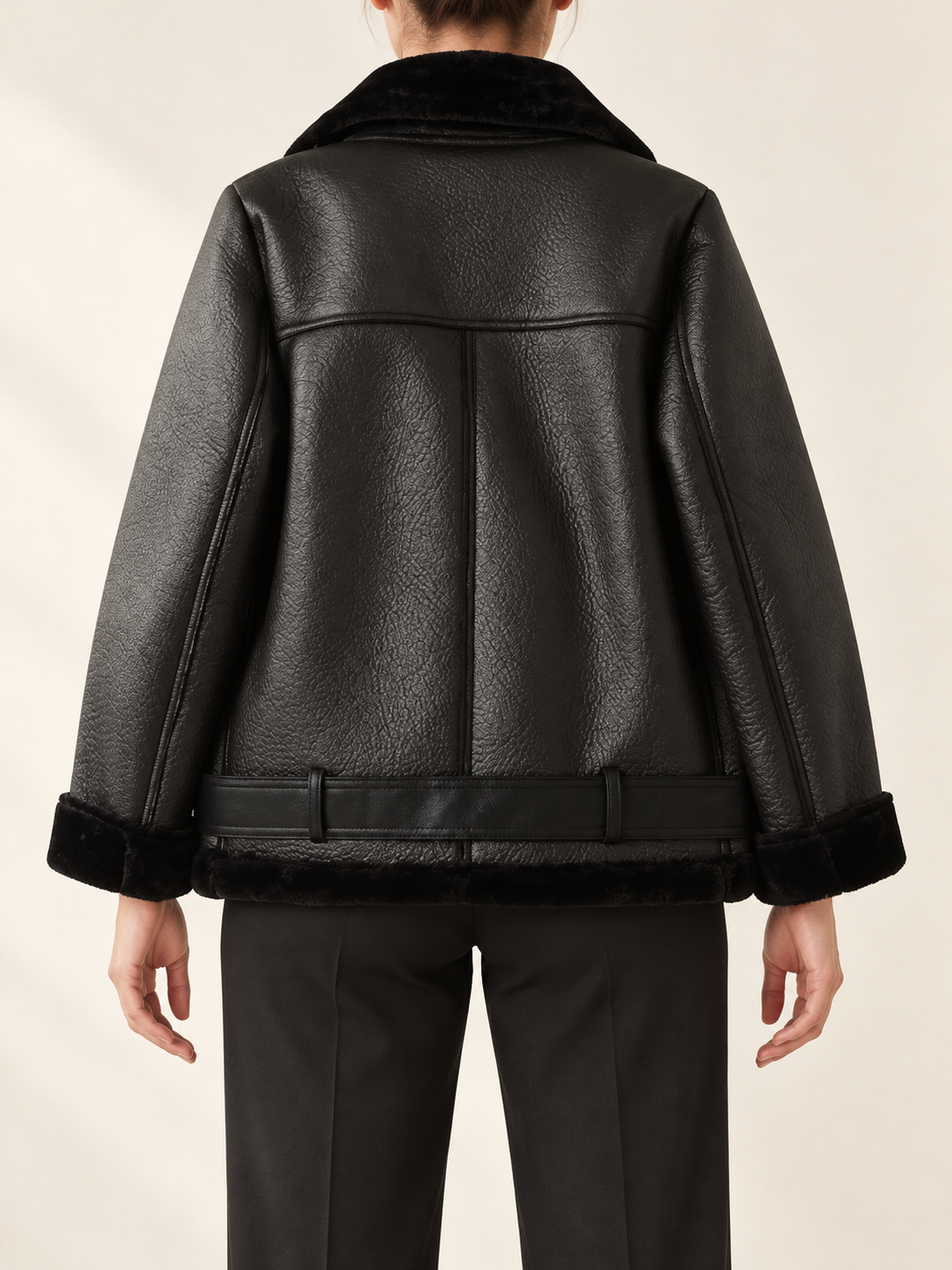 Black aviator jacket, back view on a model