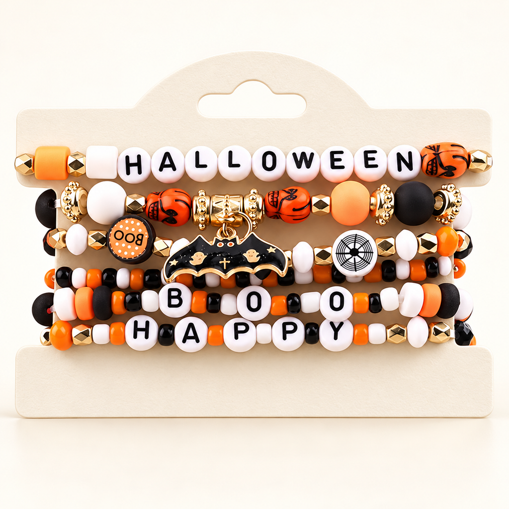 Halloween Bat Bead Bracelets — Set of 6; front view.