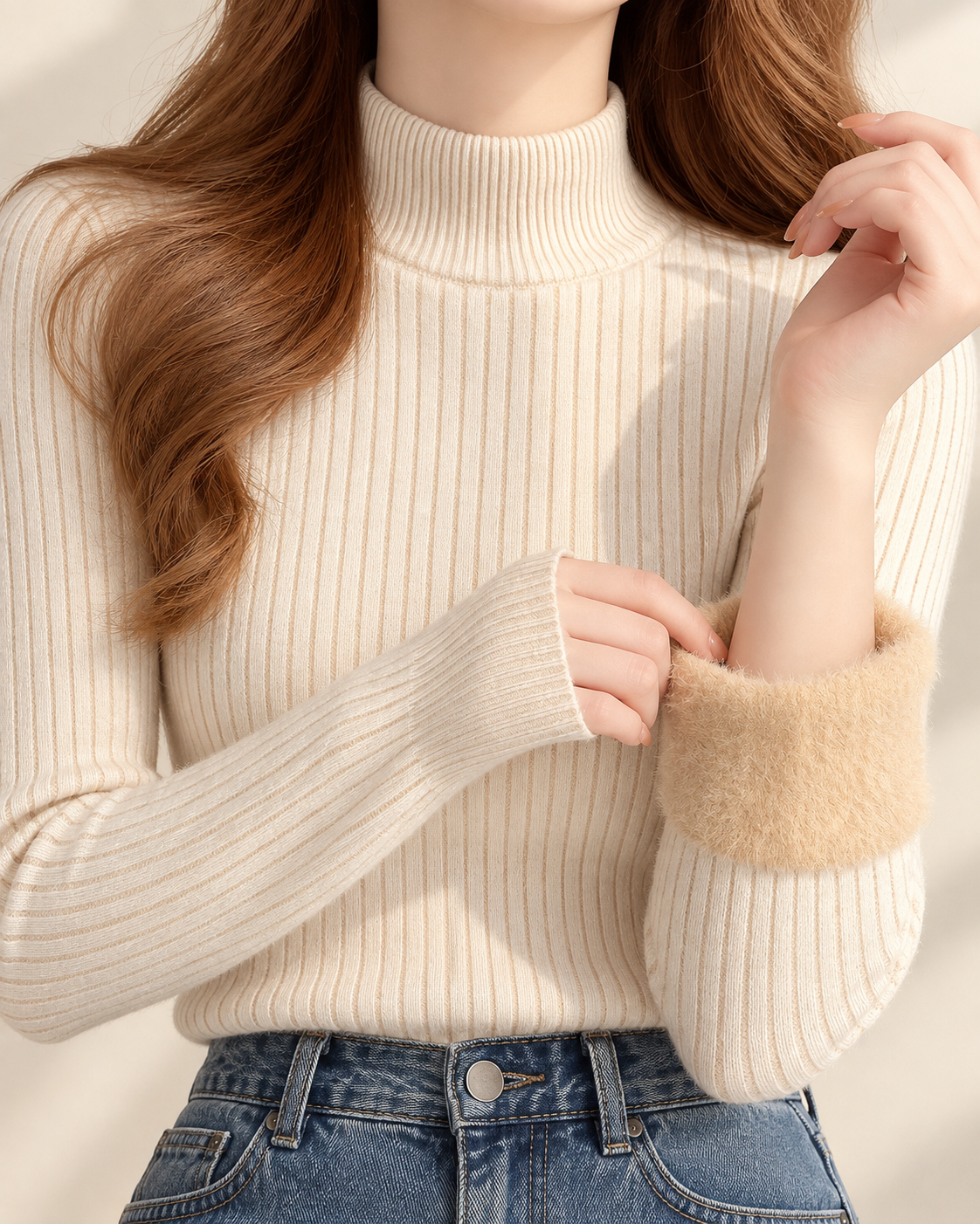 beige lined knit turtleneck, front and folded cuff lining; jeans are styling only.