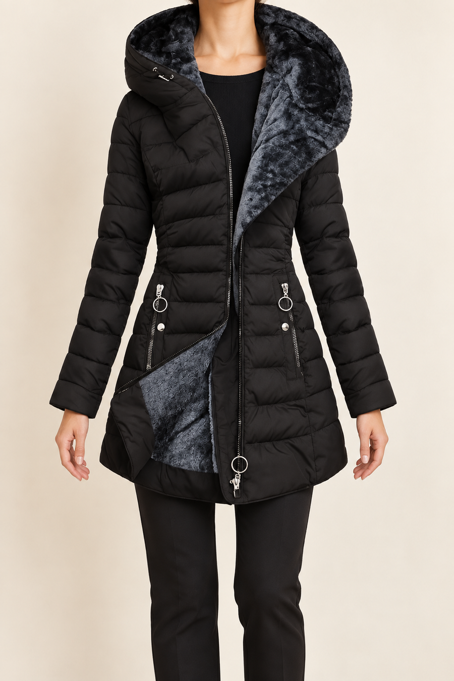 BLACK A jacket shown open on a faceless adult model, preserving ring-pull pockets and gray lining