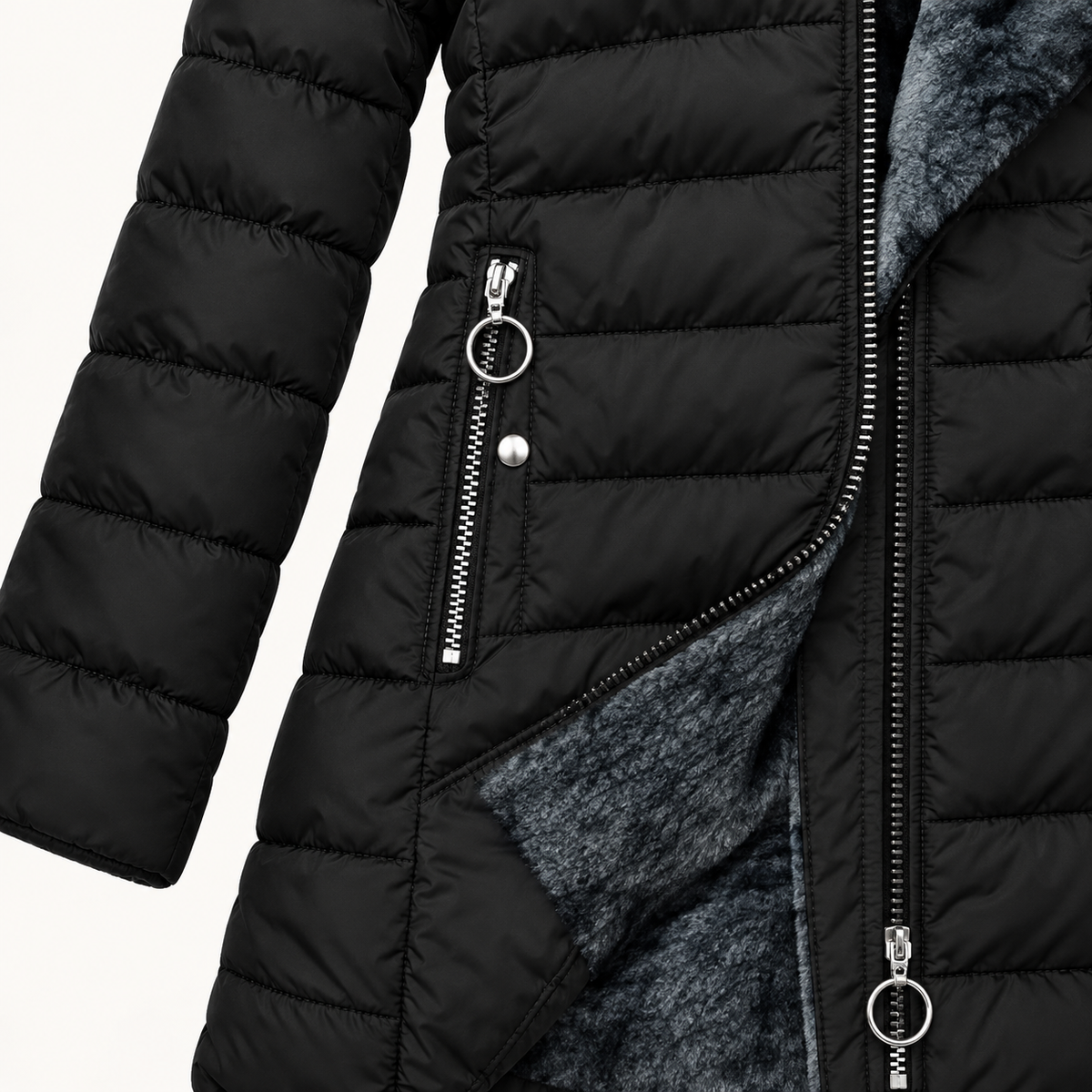 BLACK A jacket round pocket pull, quilted panels and visible lining — AI detail illustration