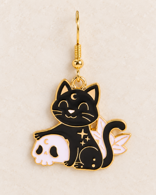 AI-assisted close front detail of the black cat and skull earring