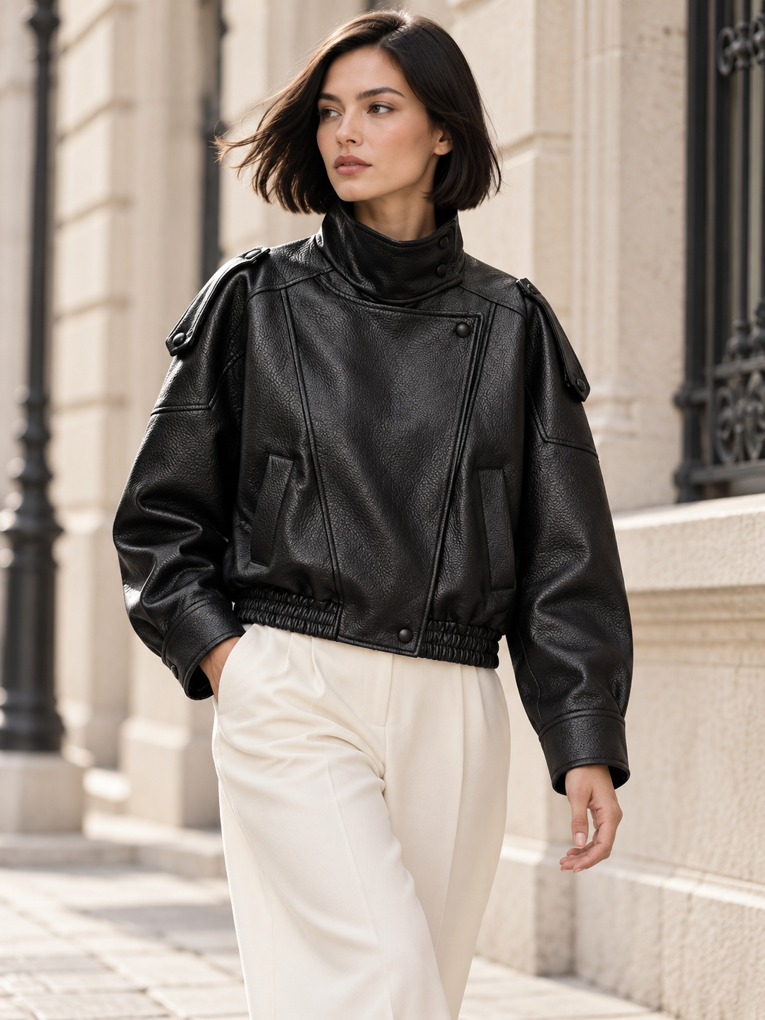The Button-Front Cruelty-Free Leather Jacket — Black — City mornings