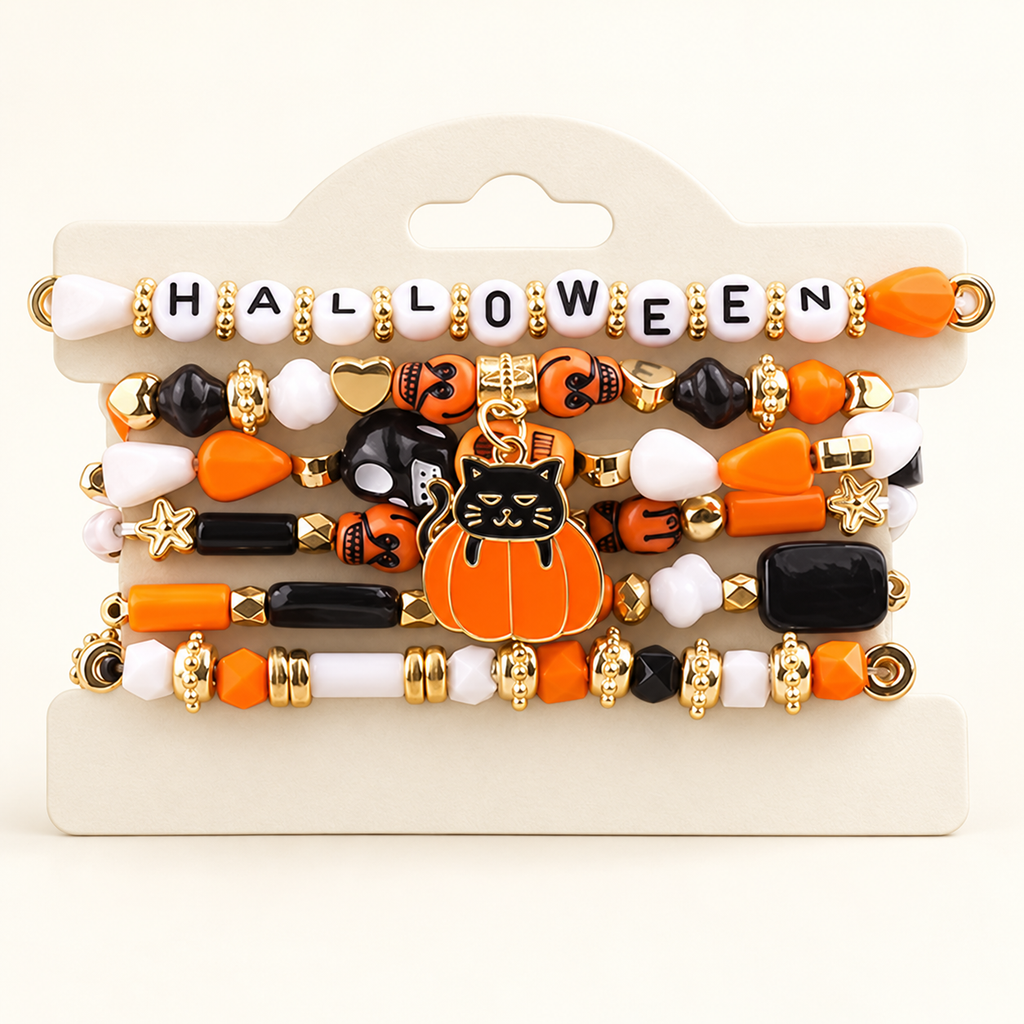 Halloween Cat & Pumpkin Bead Bracelets — Set of 6; front view.