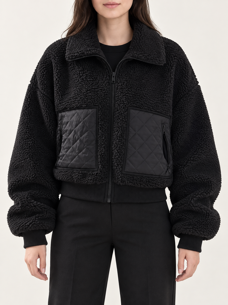 Black cropped sherpa jacket, front view on a model