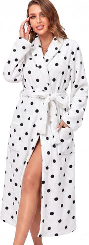 The Plush Fleece Shawl-Collar Robe — White with Black Dots
