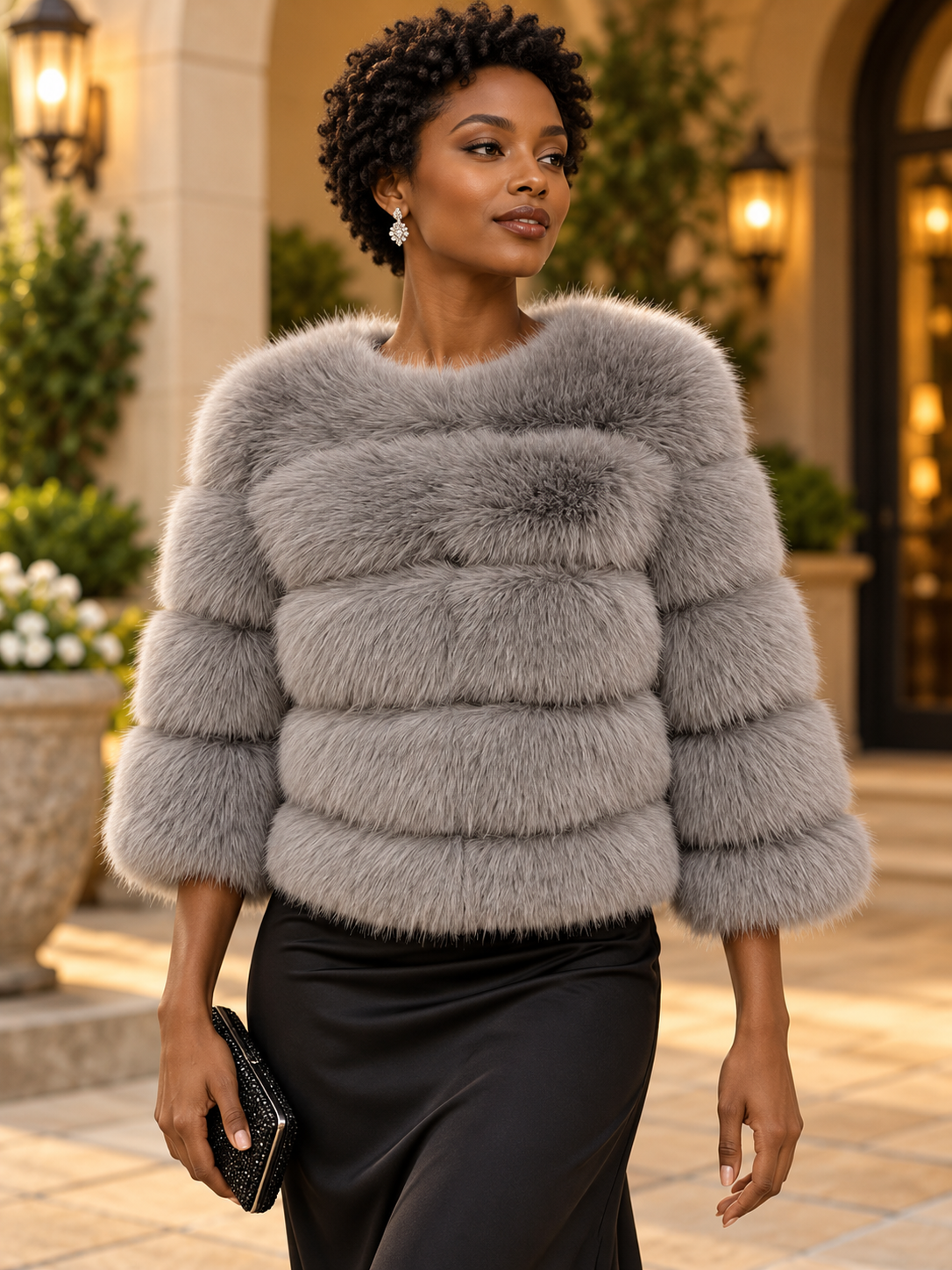 The Fluffy Cruelty-Free Fur Short Coat — Grey — After-dark texture