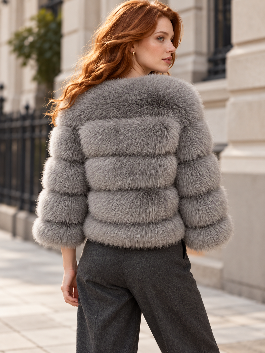 The Fluffy Cruelty-Free Fur Short Coat — Grey — A closer look back