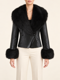 Black jacket with full collar and cuffs, front view on model