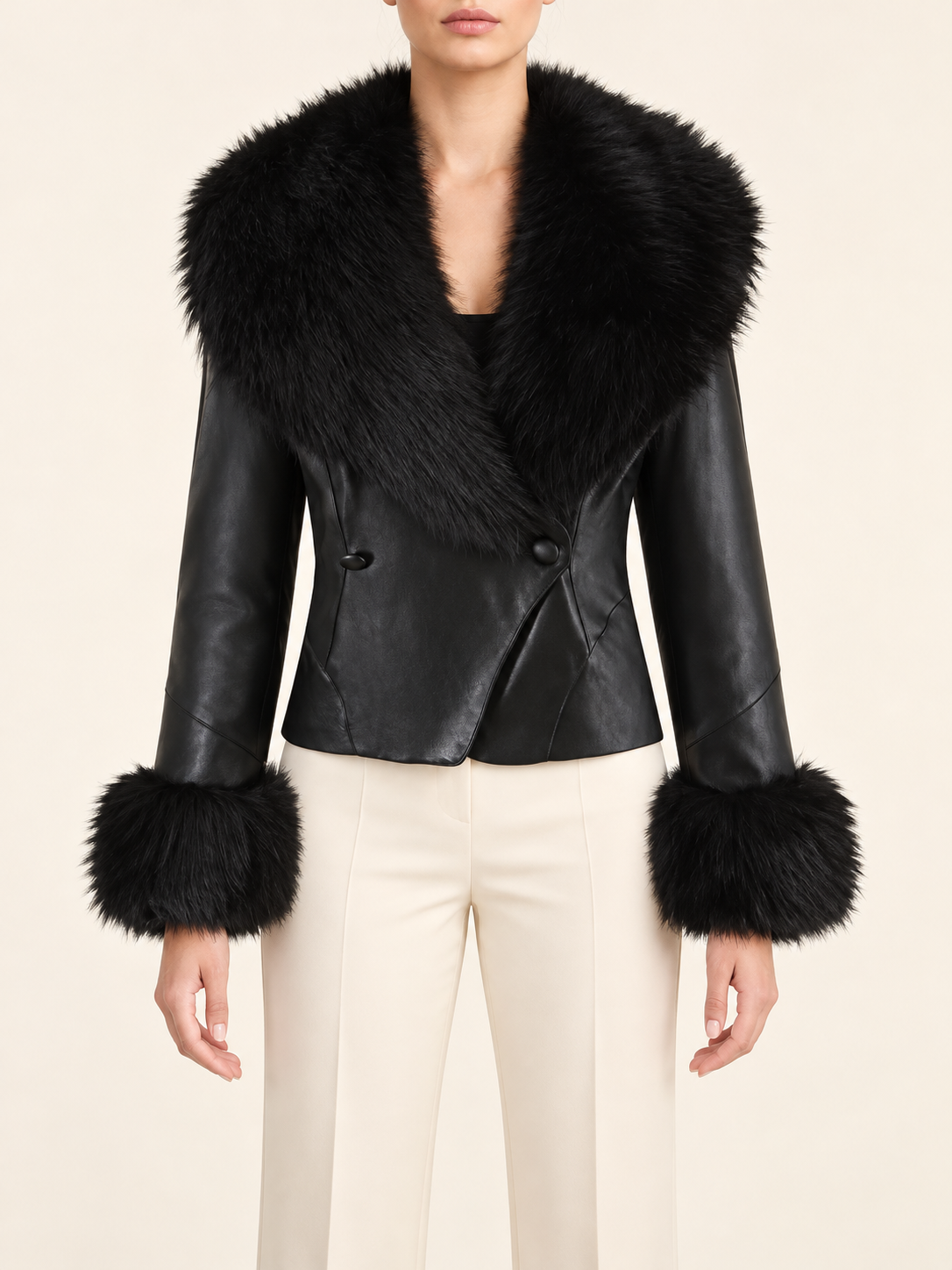 Black jacket with full collar and cuffs, front view on model