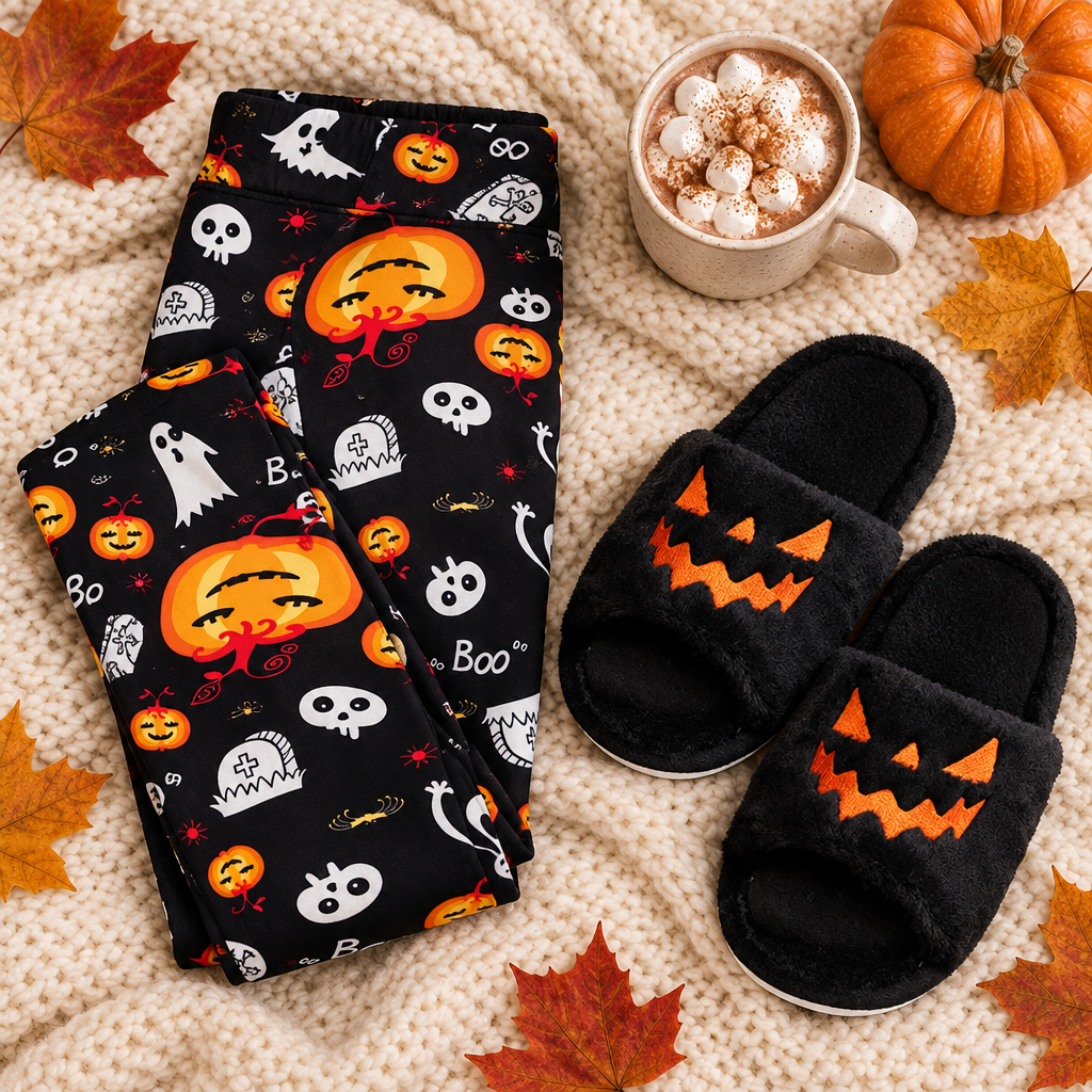 Cozy Spooky Night-In Set: Halloween leggings and jack-o'-lantern slippers flat-lay (AI-styled scene)