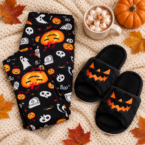 Cozy Spooky Night-In Set: Halloween leggings and jack-o'-lantern slippers flat-lay (AI-styled scene)