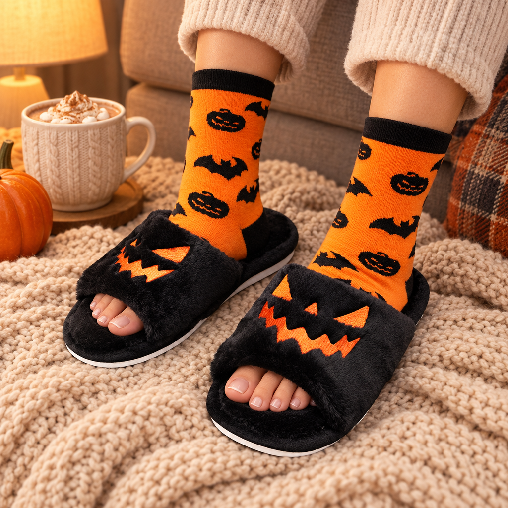 Jack-o'-lantern plush slippers worn on a cozy blanket (AI-styled scene)