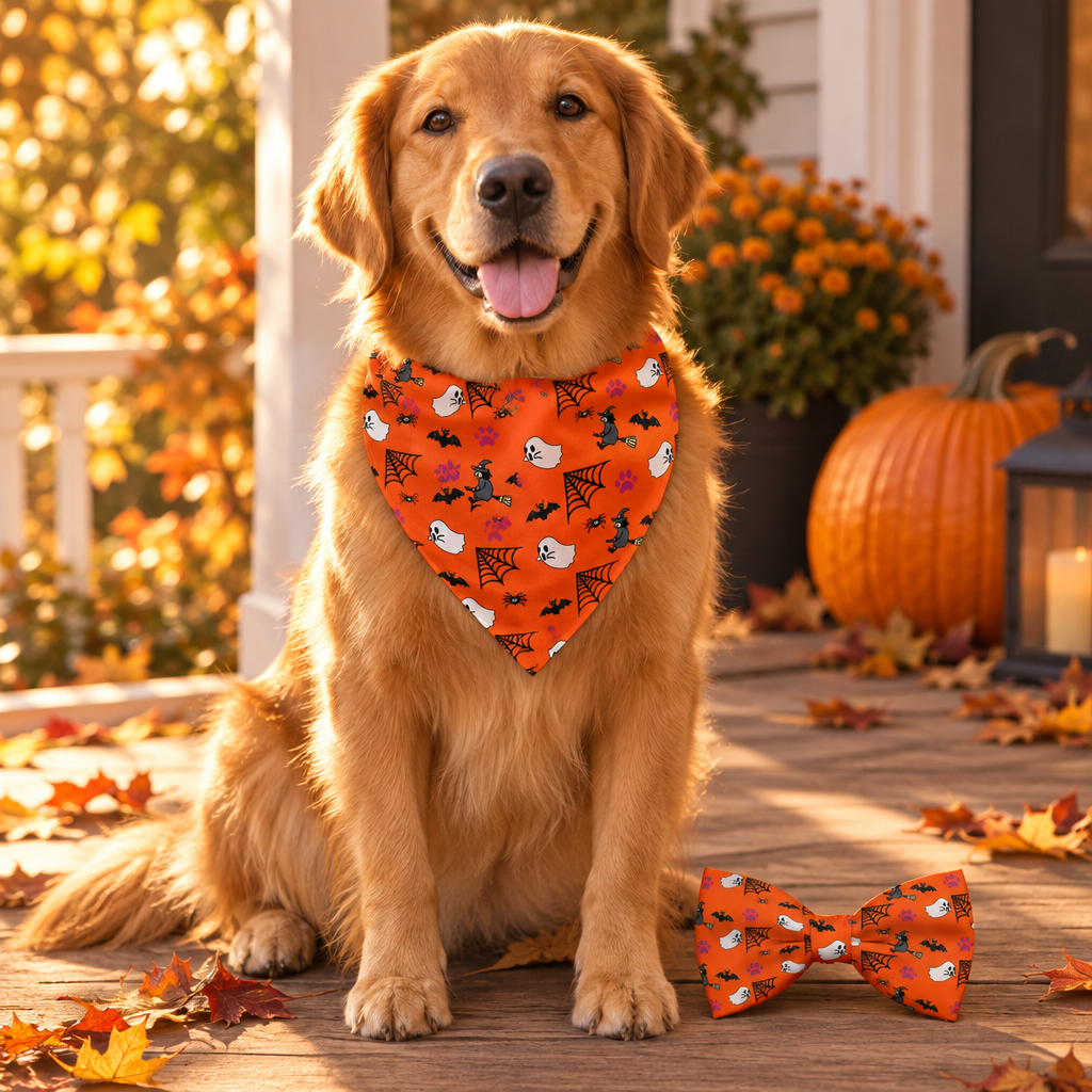 Golden retriever wearing the orange Halloween bandana with the matching bow tie (AI-styled scene)