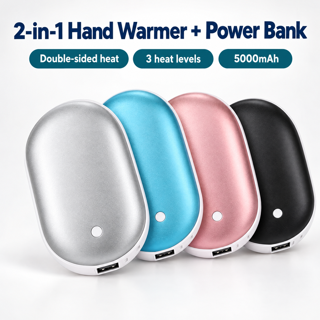 2-in-1 hand warmer and power bank in silver, sky blue, rose gold and black: double-sided heat, 3 heat levels, 5000mAh