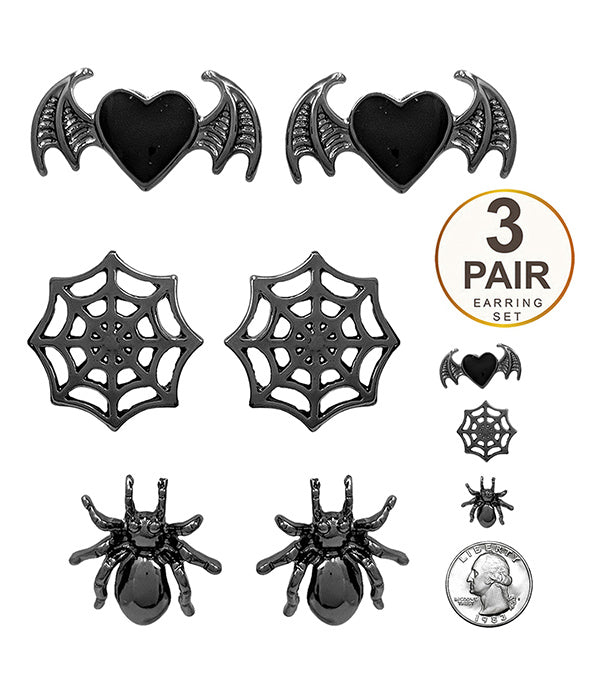Halloween Earrings — 3-Pair Spider, Web & Bat Set