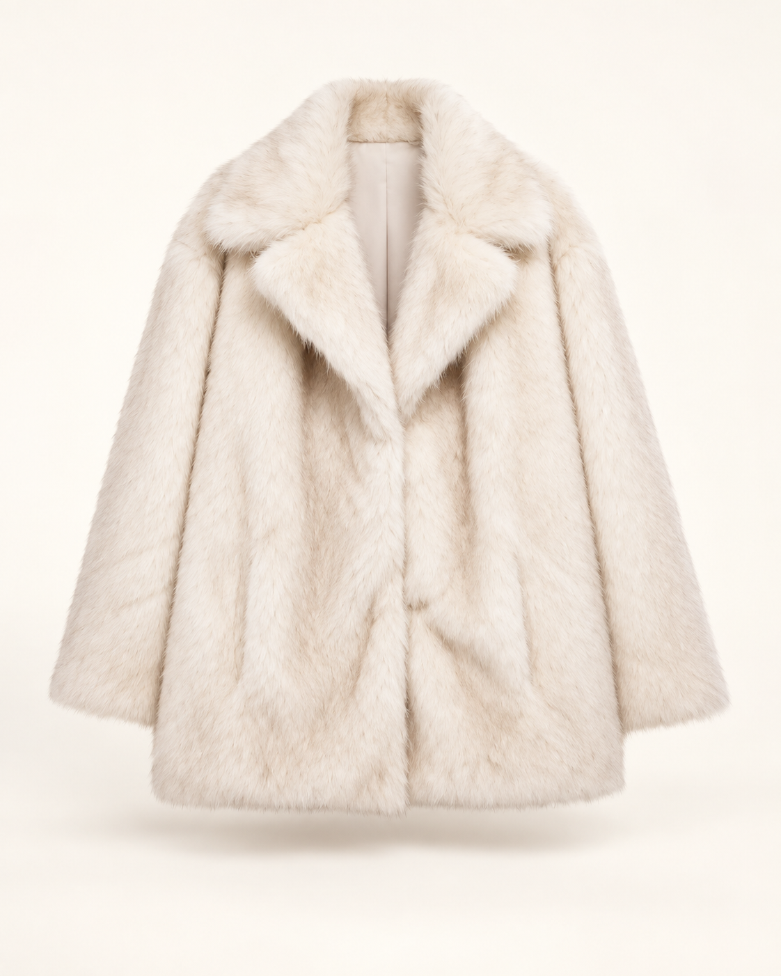 ivory plush faux fur coat, front view