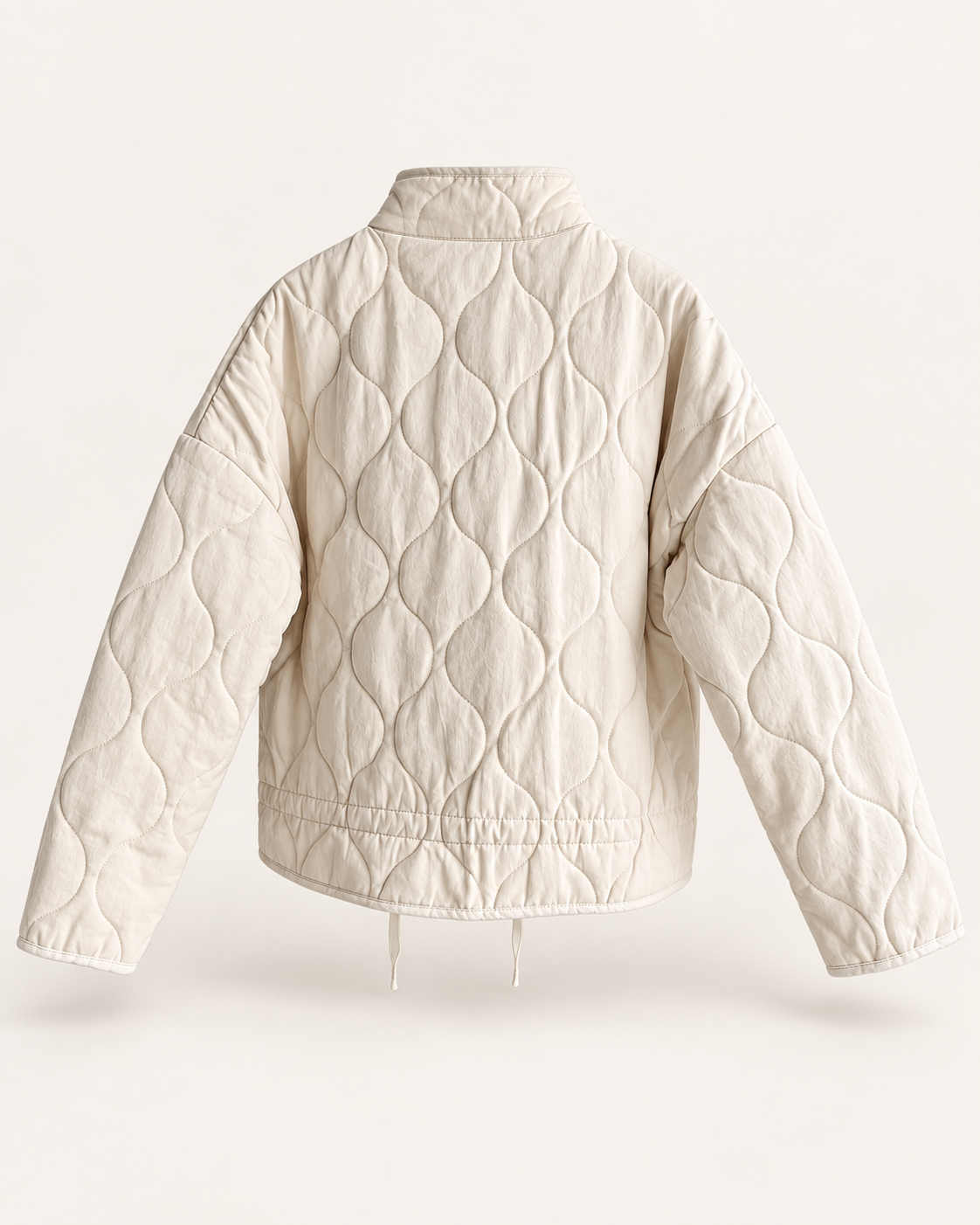 ivory quilted high-collar jacket, back view.