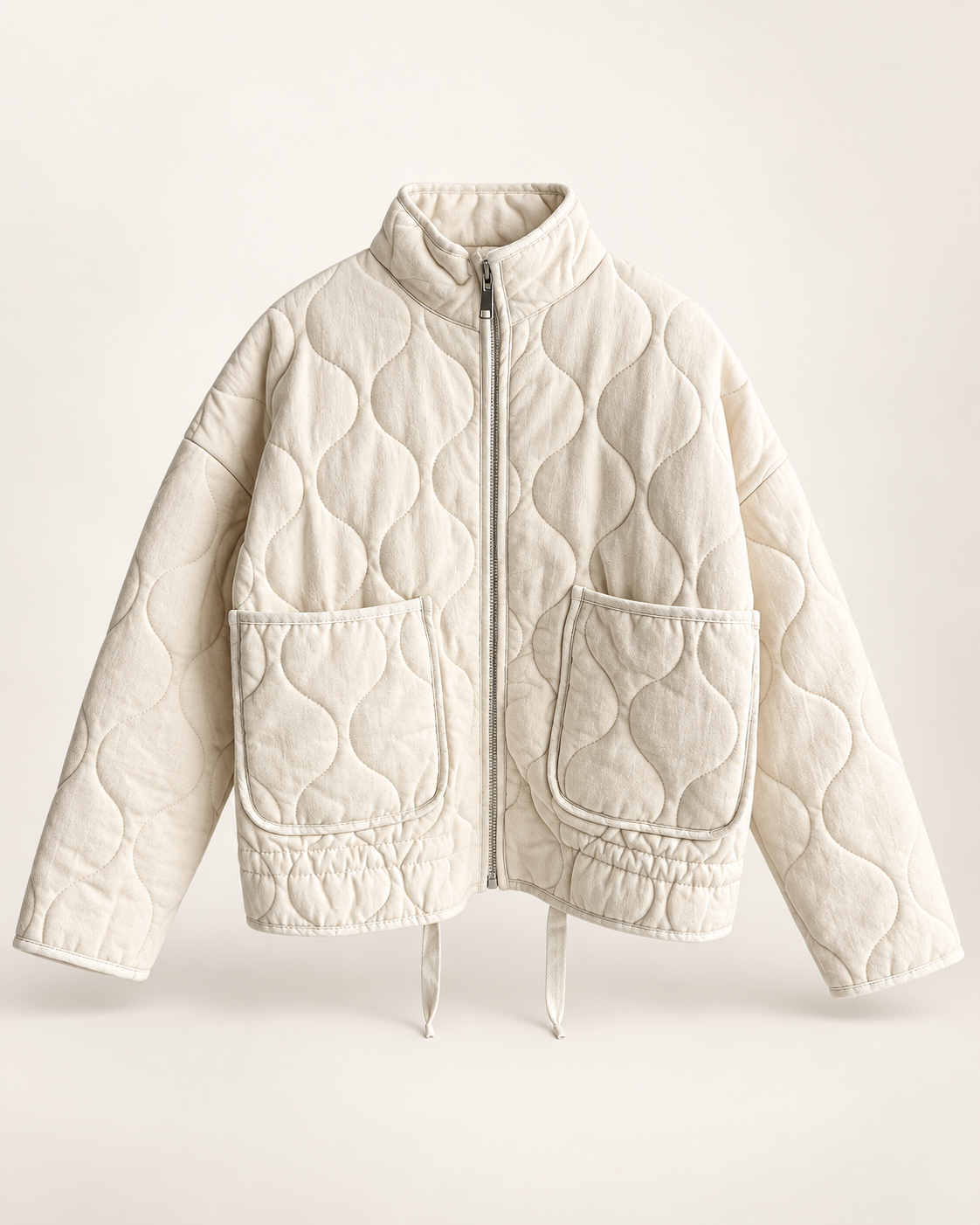 ivory quilted high-collar jacket, front view.