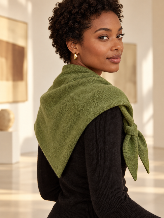 The Knit Wool Triangle Scarf — Olive Green — Across the shoulders