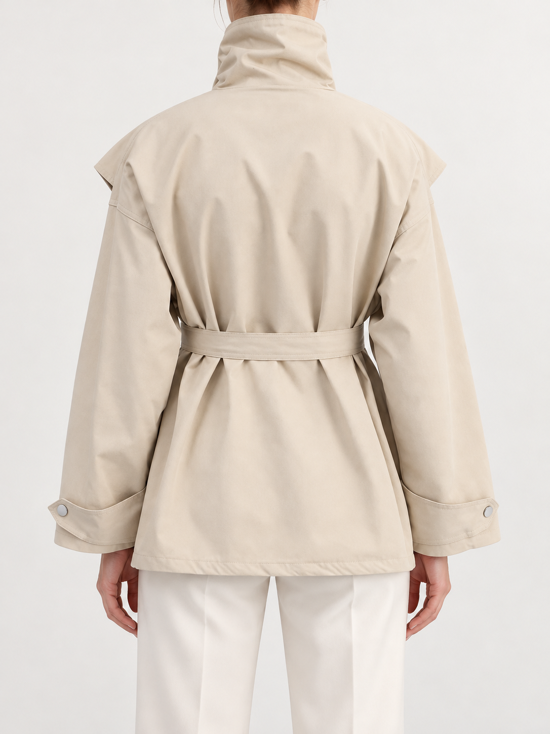 Beige high-collar belted jacket, back view on model