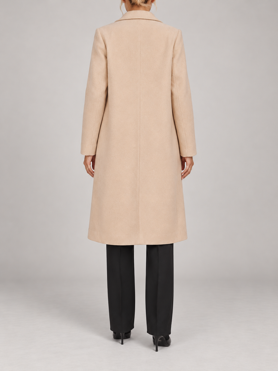 apricot knee-length single-breasted straight lapel coat with flap pockets, back view on a model