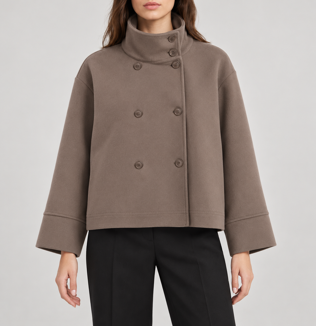 Coffee Style B short double-breasted stand-collar coat, front view