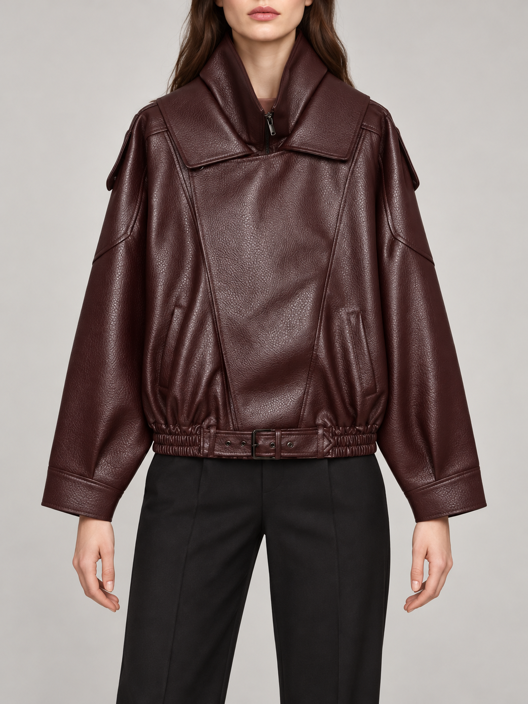 Burgundy faux-leather jacket with belted elastic hem, front view