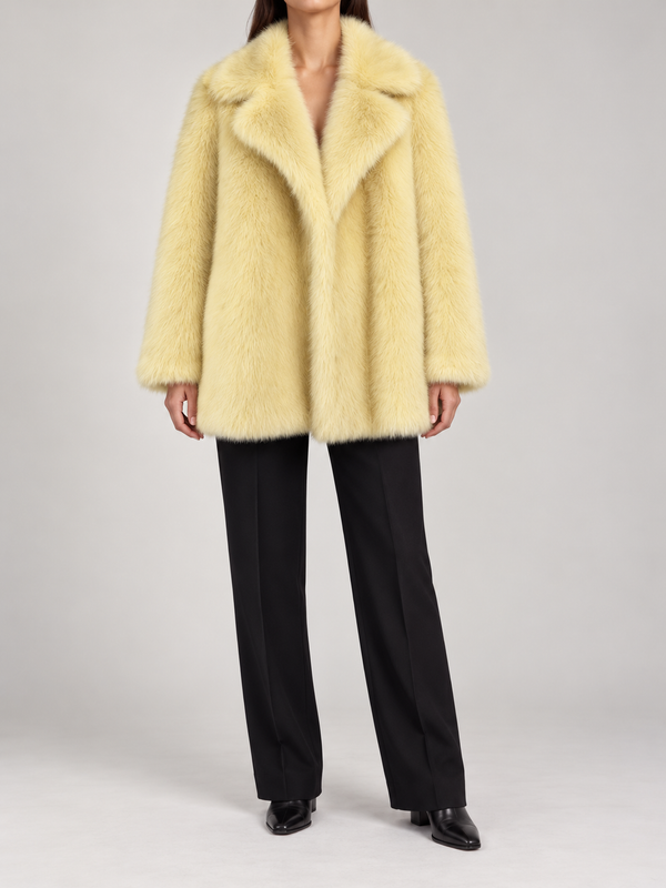 butter-yellow mid-hip plush cruelty-free fur coat with broad notched collar and straight sleeves, front view on a model