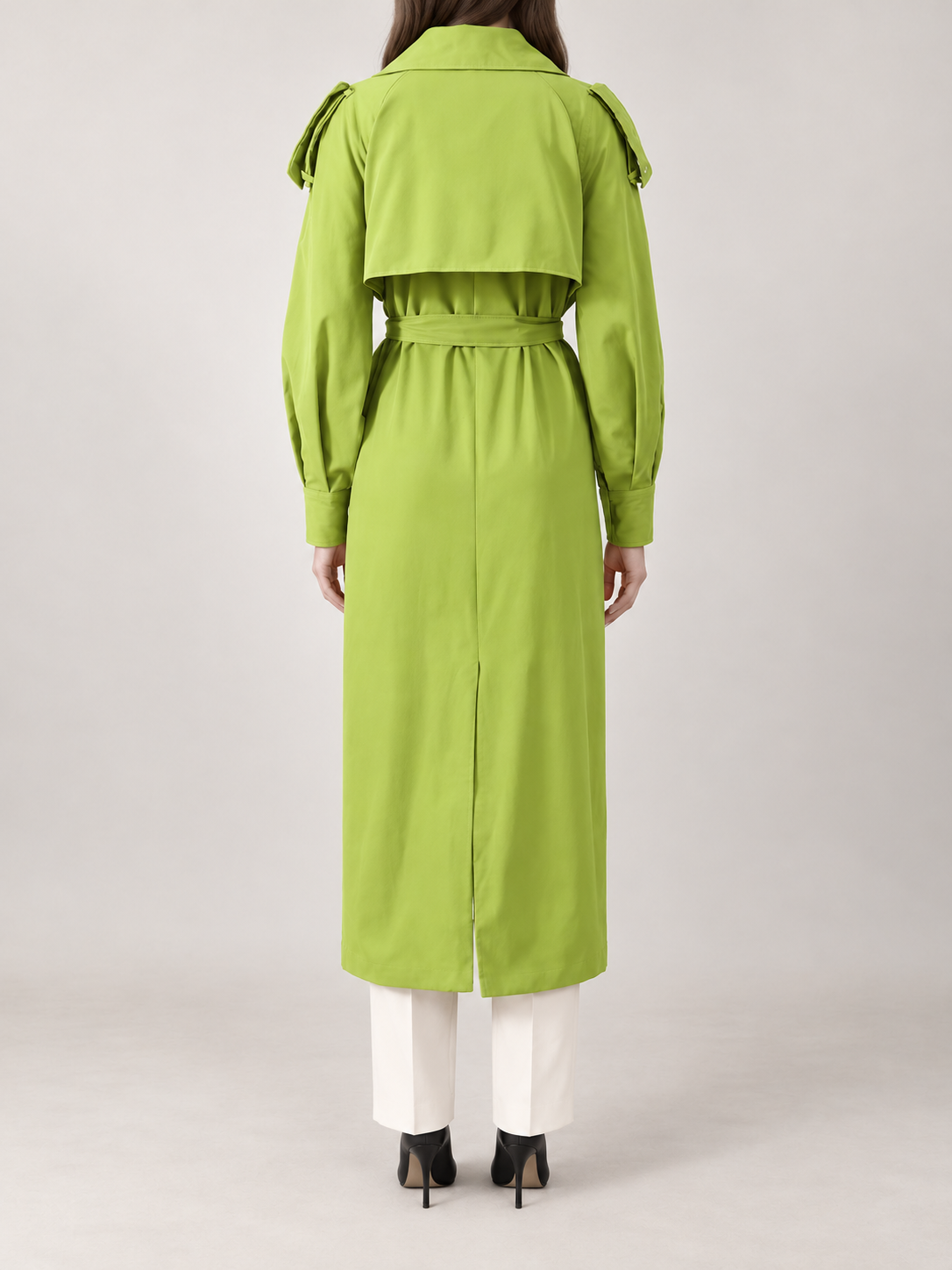 Green cape-collar trench on a model, back view