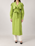 Green cape-collar trench on a model, front view