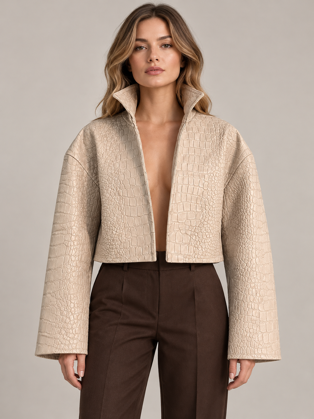 Light Khaki cropped croc-textured jacket, front view