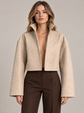 Light Khaki cropped croc-textured jacket, front view