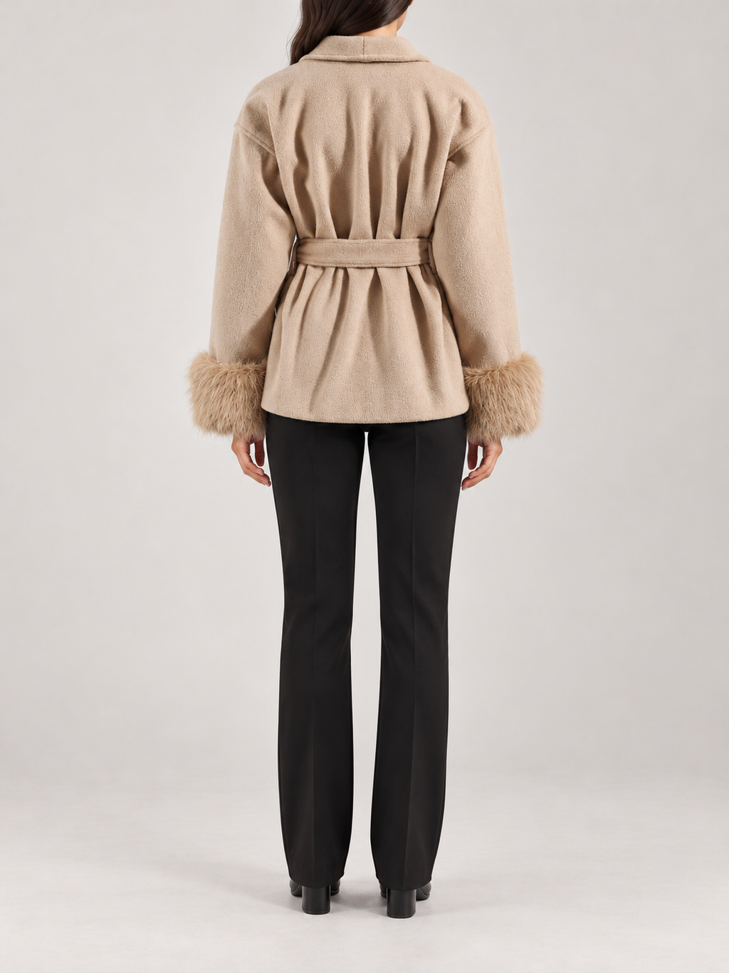 beige short relaxed wrap coat with shawl collar, back view on a model