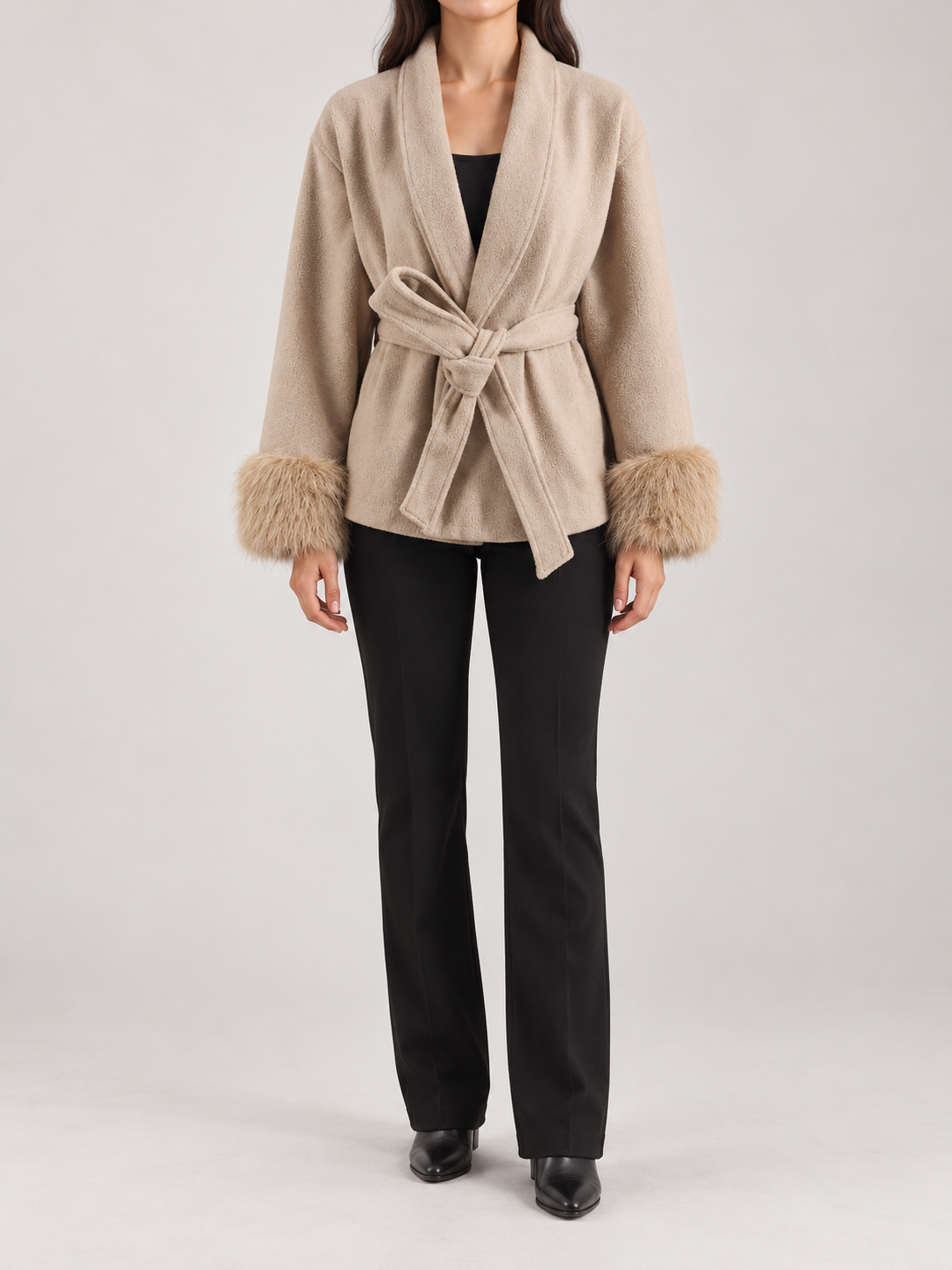 beige short relaxed wrap coat with shawl collar, front view on a model