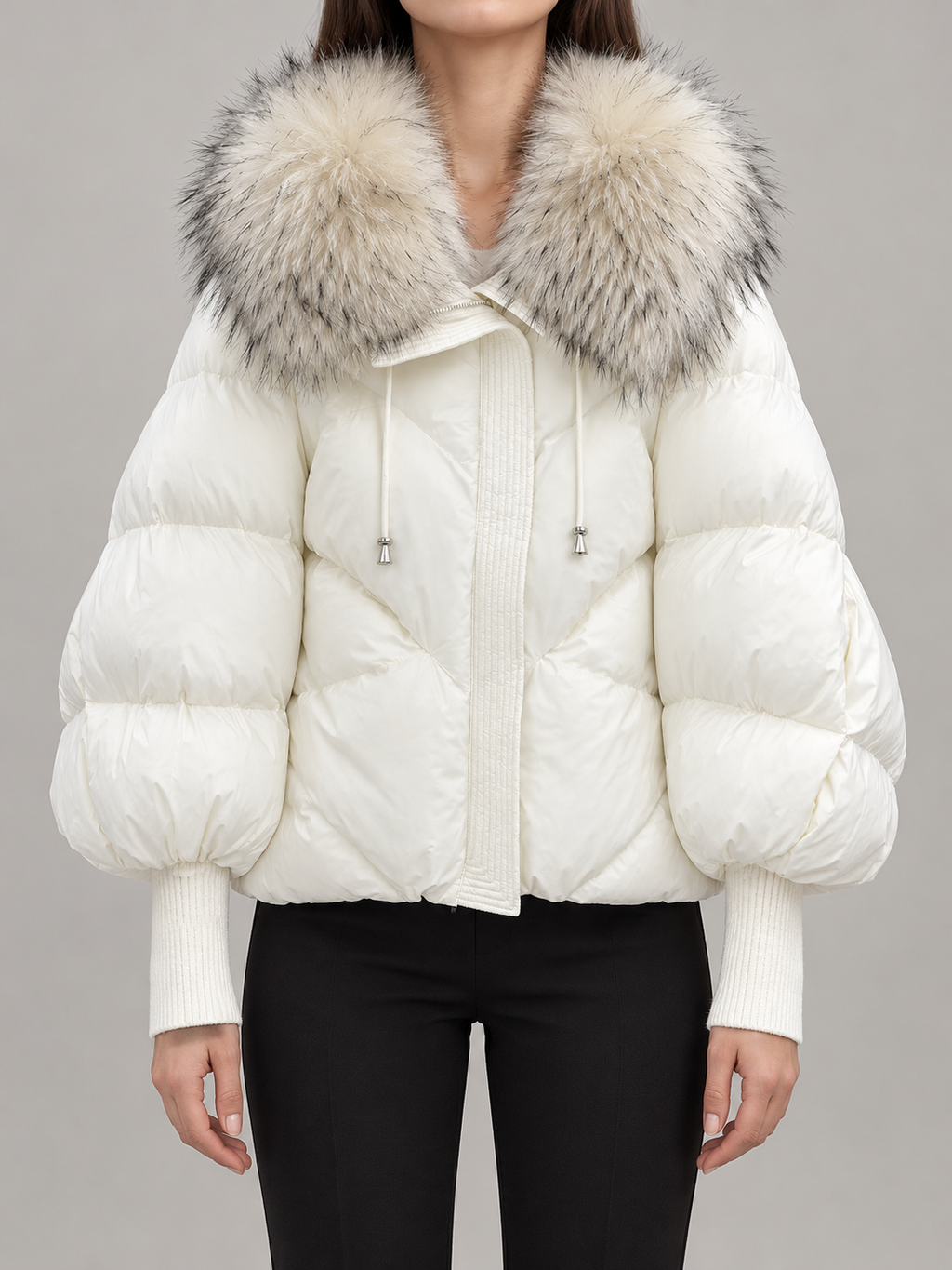 white short quilted puffer with large cream faux-fur hood and long rib-knit cuffs, front view