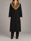 black long tailored coat with brown cruelty-free fur shawl collar, button front and flap pockets, front view on a model