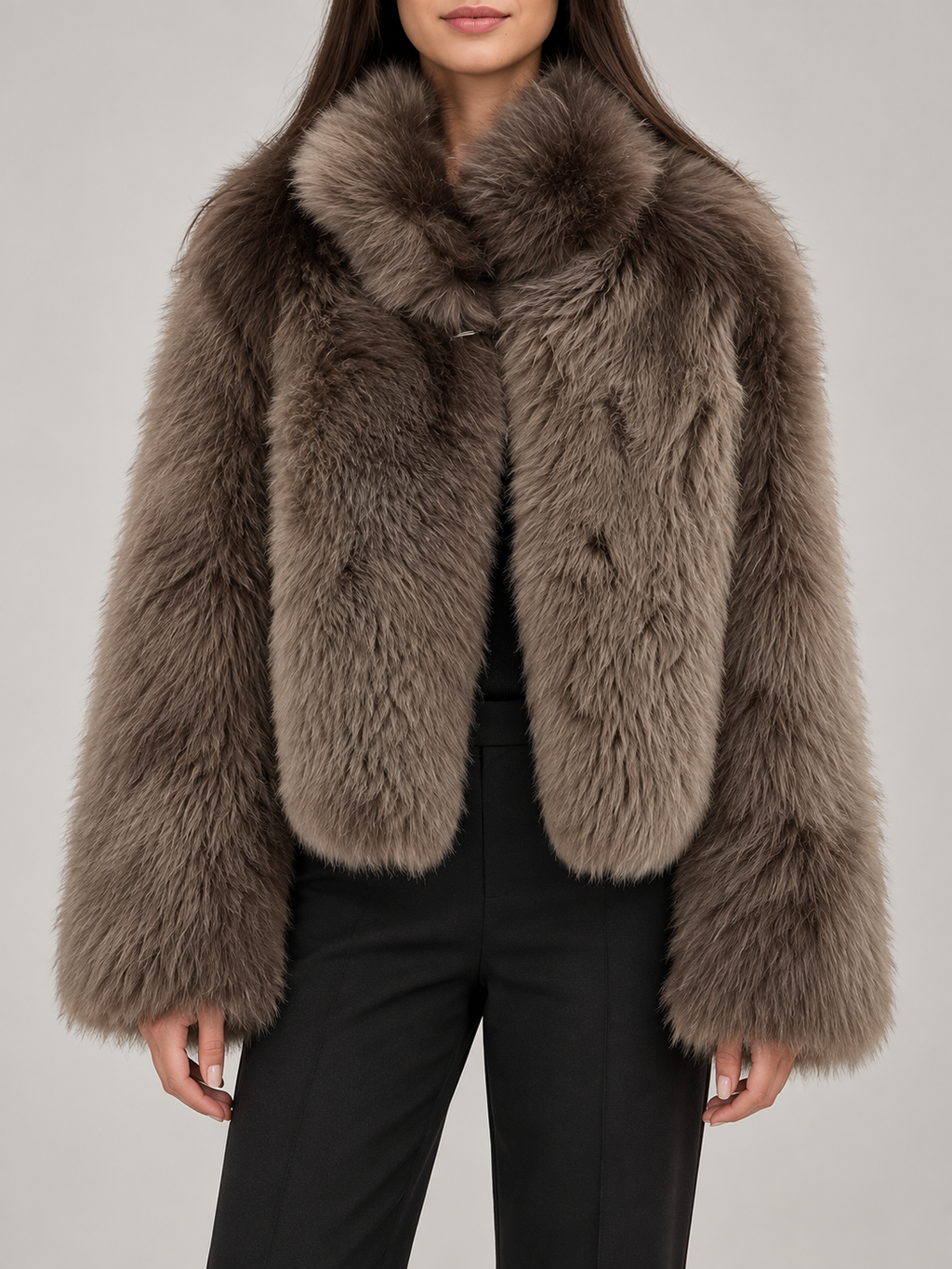 brown cropped faux-fur jacket with rounded high collar, front view