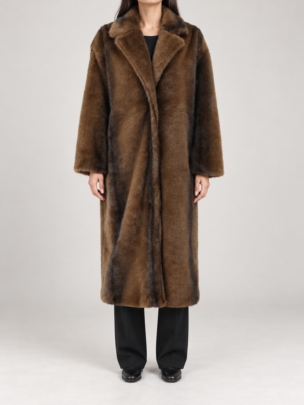 brown long faux-fur lapel coat, exact vertical fur shading, long sleeves and calf-length roomy silhouette, front view on a model