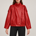 Red leather-look stand-collar jacket, front view