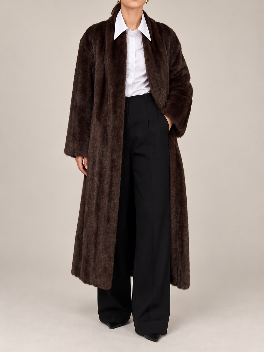 dark brown long open faux-fur coat, Brown variant source view, front view