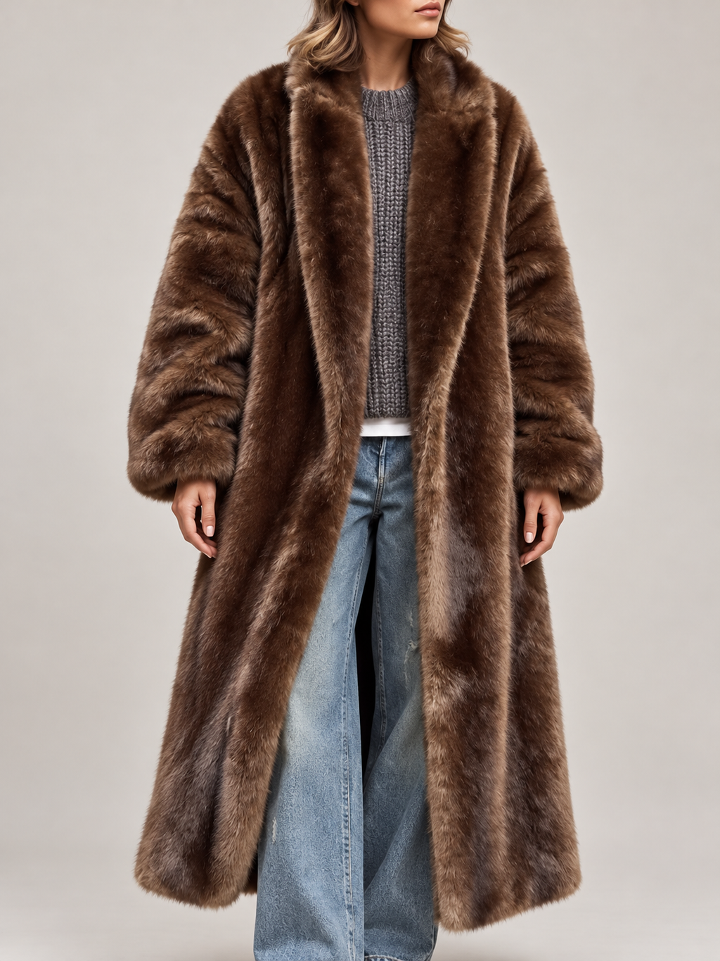 Brown II long open faux-fur coat, front view