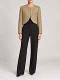 gold metallic tweed cropped round-neck jacket with one top fastening and curved open front, front view on a model